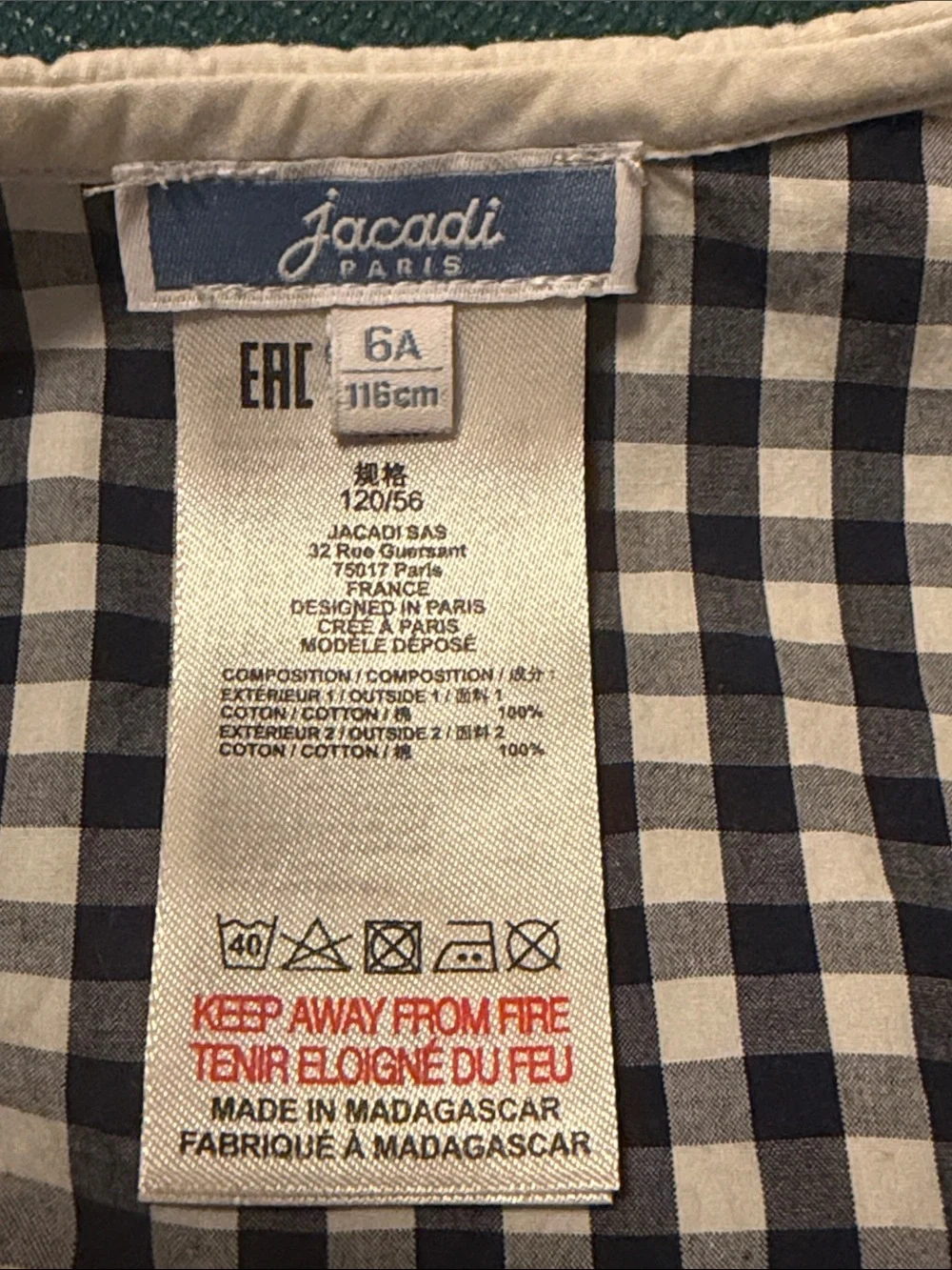 Jacadi Girls Gingham Cotton Dress